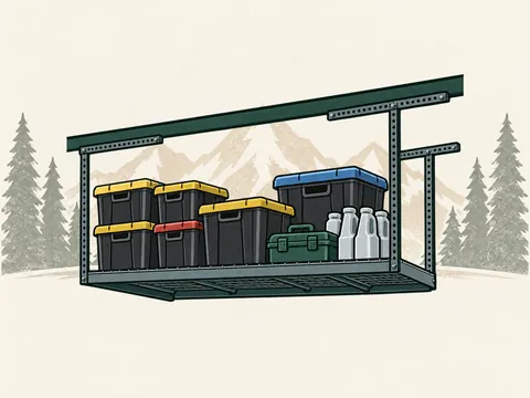 Overhead garage rack storing totes.