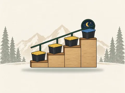 Summit Assist add-on: black moving totes with yellow lids and one blue lid on a wooden staircase, with an evening moon in a round window.
