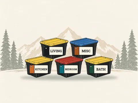 Trail Tags: black moving totes with yellow, red and blue lids, each wearing a room-color tag: Kitchen, Bedroom, Bath, Living, Misc.