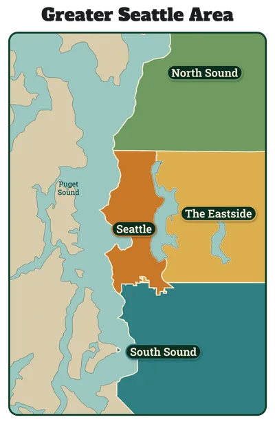 Map of the Greater Seattle Area showing four Sasquatch Totes service regions: North Sound (Snohomish County), Seattle, The Eastside (east of Lake Washington), and South Sound (south King County from Burien and Renton down to Kent, Federal Way, Auburn and Maple Valley), with Puget Sound and Lake Washington.