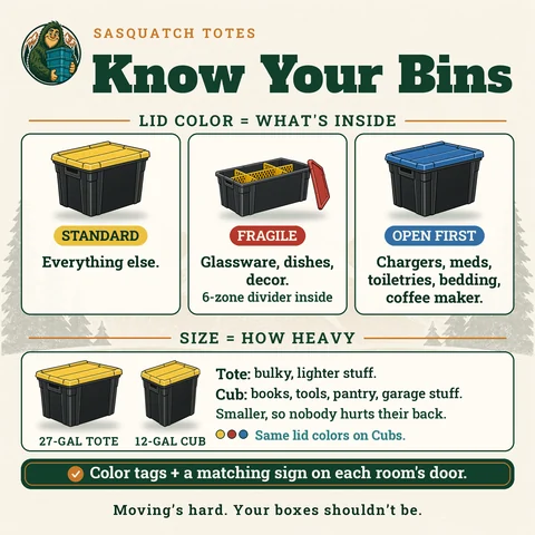 Sasquatch Totes bin guide: yellow lid = standard, red lid = fragile with a 6-zone divider, blue lid = open first; 27-gallon totes for bulky items, 12-gallon Cubs for heavy items, same lid colors.