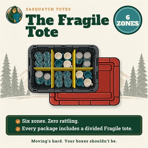 Top-down view of a Sasquatch tote with a yellow 6-zone divider for fragile items.