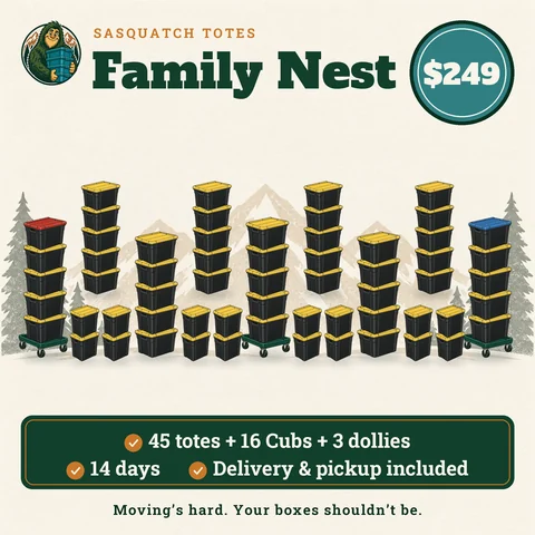 Family Nest package illustration: 45 black moving totes and 16 12-gallon Cubs with yellow, red and blue lids plus 3 Squatch Stack dollies, $249 for 14 days with delivery and pickup included