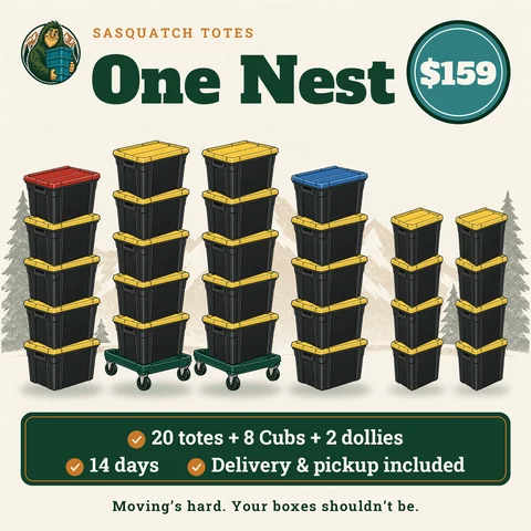 One Nest package illustration: 20 black moving totes and 8 12-gallon Cubs with yellow, red and blue lids plus 2 Squatch Stack dollies, $159 for 14 days with delivery and pickup included