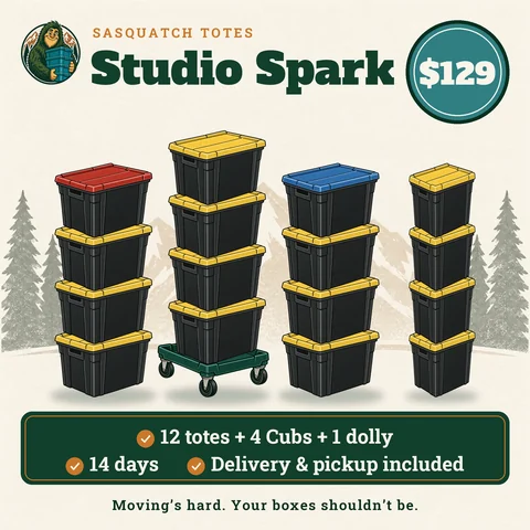 Studio Spark package illustration: 12 black moving totes and 4 12-gallon Cubs with yellow, red and blue lids plus 1 Squatch Stack dolly, $129 for 14 days with delivery and pickup included