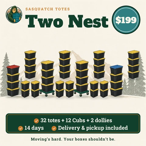 Two Nest package illustration: 32 black moving totes and 12 12-gallon Cubs with yellow, red and blue lids plus 2 Squatch Stack dollies, $199 for 14 days with delivery and pickup included