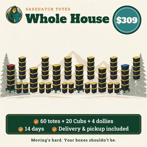 Whole House package illustration: 60 black moving totes and 20 12-gallon Cubs with yellow, red and blue lids plus 4 Squatch Stack dollies, $309 for 14 days with delivery and pickup included